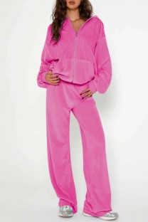 Rose Red Casual Solid Color Zipper Hooded Long Sleeve Two Pieces