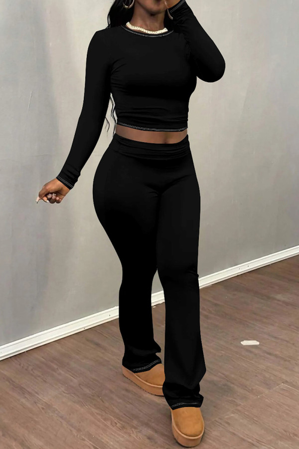 Black Casual Gradient Patchwork O Neck Long Sleeve Two Pieces
