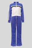 Blue Casual Patchwork Contrast Zipper Collar Long Sleeve Two Pieces