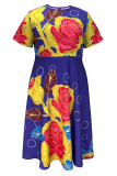 Colour Casual Print Patchwork Zipper O Neck A Line Plus Size Dresses
