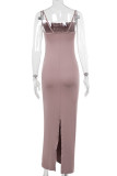 Red Bean Powder Elegant Solid Color Patchwork Backless Slit Spaghetti Strap Sling Dresses