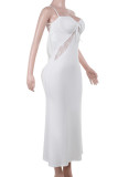 White Elegant Solid Color Lace Patchwork Backless Spaghetti Strap Sling Dresses