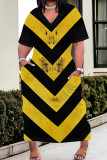 Blue Yellow Casual Print Pocket Patchwork V Neck Straight Plus Size Dresses
