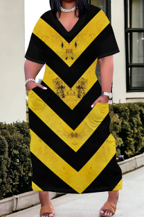 Black Yellow Casual Print Pocket Patchwork V Neck Straight Plus Size Dresses