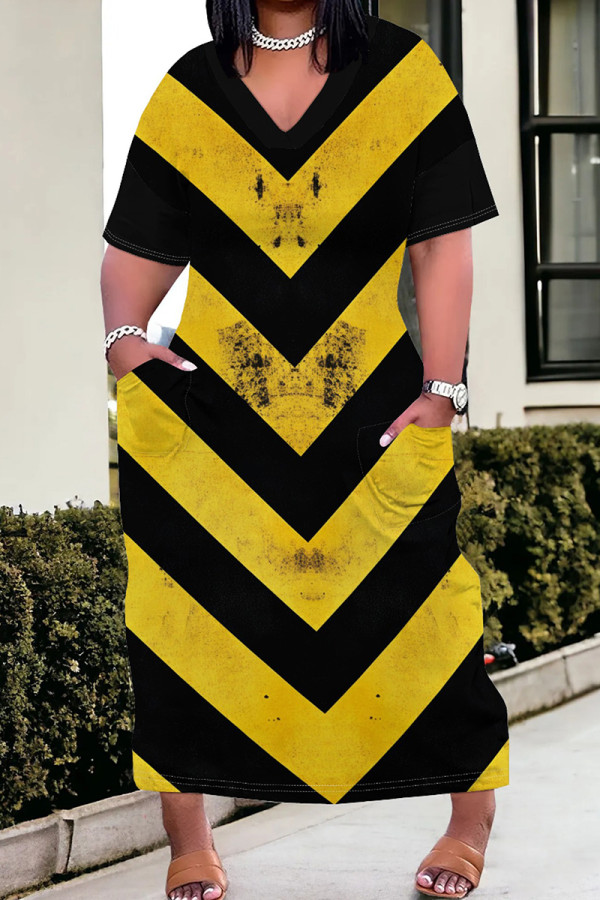 Black Yellow Casual Print Pocket Patchwork V Neck Straight Plus Size Dresses