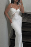 White Elegant Solid Color Lace Patchwork Backless Spaghetti Strap Sling Dresses