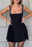 Black Elegant Solid Color Patchwork Pearls Decor Zipper Square Neck A Line Dresses