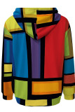 Red Green Casual Print Pocket Patchwork Hooded Tops