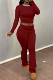 Burgundy Casual Gradient Patchwork O Neck Long Sleeve Two Pieces