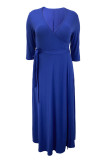 Blue Elegant Solid Color Patchwork Slit Strap Design V Neck Long Plus Size Dresses