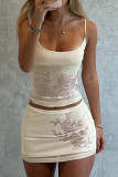 Apricot Sexy Flowers Patchwork Hot Drill U Neck Two Pieces