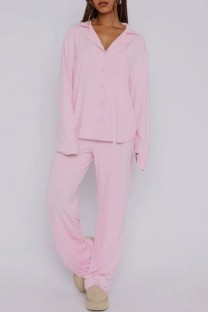 Pink Casual Solid Color Buttons Turndown Collar Long Sleeve Two Pieces