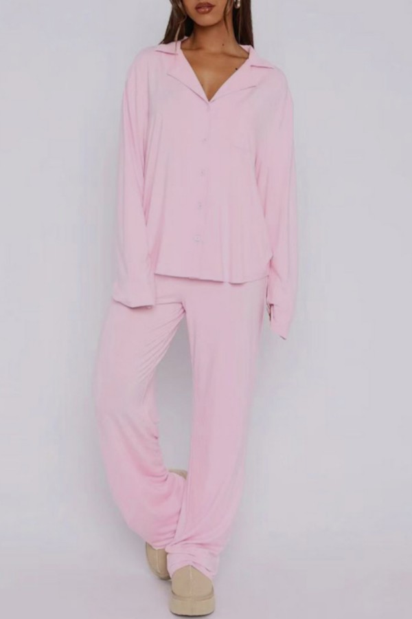 Pink Casual Solid Color Buttons Turndown Collar Long Sleeve Two Pieces
