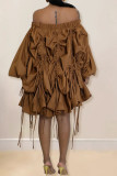 Brown Casual Solid Color Draw String Patchwork Backless Off Shoulder Irregular Dresses