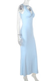 Light Blue Elegant Solid Color Patchwork Backless V Neck Long Dresses