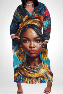 Blue Casual Print Pocket Patchwork V Neck Straight Plus Size Dresses