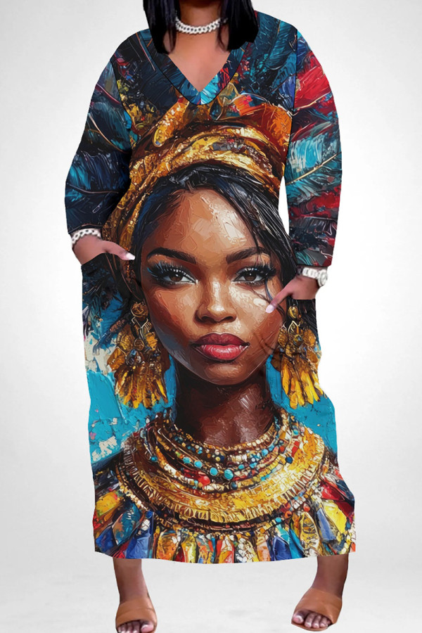 Blue Casual Print Pocket Patchwork V Neck Straight Plus Size Dresses