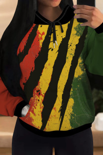 Red Green Casual Print Pocket Patchwork Hooded Tops