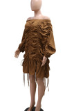 Brown Casual Solid Color Draw String Patchwork Backless Off Shoulder Irregular Dresses