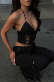 Black Sexy Solid Color Patchwork Backless Cross Straps Halter Tops