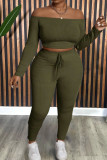 Army Green Casual Solid Color Lace Up Patchwork Off Shoulder Plus Size Two Pieces