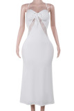 White Elegant Solid Color Lace Patchwork Backless Spaghetti Strap Sling Dresses