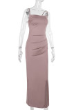 Red Bean Powder Elegant Solid Color Patchwork Backless Slit Spaghetti Strap Sling Dresses