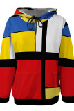 Red Green Casual Print Pocket Patchwork Hooded Tops