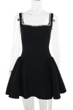 Black Elegant Solid Color Patchwork Pearls Decor Zipper Square Neck A Line Dresses