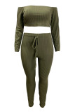 Army Green Casual Solid Color Lace Up Patchwork Off Shoulder Plus Size Two Pieces