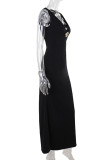 Black Sexy Solid Color Patchwork Flower Shape Deep V Neck Long Dresses