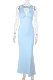 Light Blue Elegant Solid Color Patchwork Backless V Neck Long Dresses