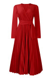 Red Casual Solid Color Patchwork Pleated V Neck Long Dresses