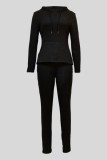 Black Casual Solid Color Basic Hooded Long Sleeve Two Pieces