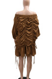 Brown Casual Solid Color Draw String Patchwork Backless Off Shoulder Irregular Dresses