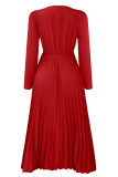 Red Casual Solid Color Patchwork Pleated V Neck Long Dresses