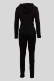 Black Casual Solid Color Basic Hooded Long Sleeve Two Pieces