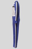 Blue Casual Patchwork Contrast Zipper Collar Long Sleeve Two Pieces