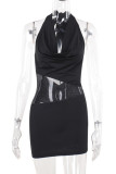 Black Sexy Solid Color Patchwork Backless Sequined Halter Wrapped Skirt Dresses
