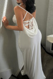 White Elegant Solid Color Lace Patchwork Backless Spaghetti Strap Sling Dresses