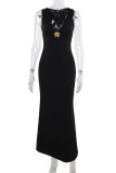 Black Sexy Solid Color Patchwork Flower Shape Deep V Neck Long Dresses