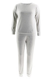 Light Gray Casual Solid Color Pocket Patchwork O Neck Long Sleeve Two Pieces