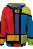 Red Green Casual Print Pocket Patchwork Hooded Tops