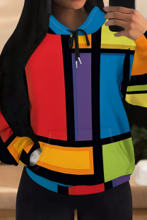 Red Orange Casual Print Pocket Patchwork Hooded Tops
