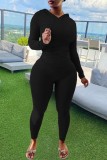 Black Casual Solid Color Basic Hooded Long Sleeve Two Pieces