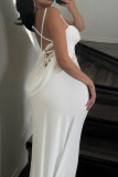 White Elegant Solid Color Lace Patchwork Backless Spaghetti Strap Sling Dresses