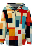 Red Green Casual Print Pocket Patchwork Hooded Tops