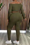Army Green Casual Solid Color Lace Up Patchwork Off Shoulder Plus Size Two Pieces