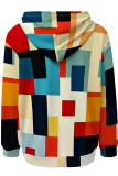 Red Green Casual Print Pocket Patchwork Hooded Tops