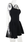 Black Elegant Solid Color Patchwork Pearls Decor Zipper Square Neck A Line Dresses